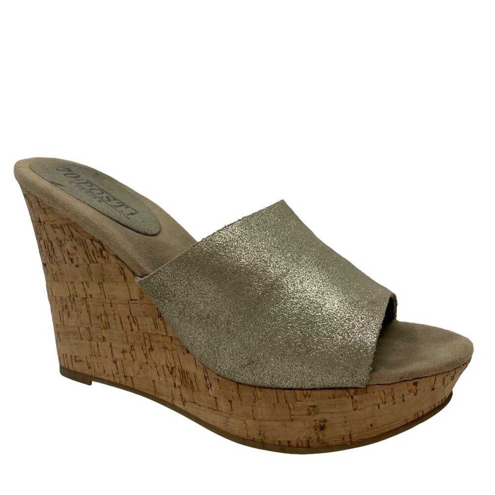 70 Post Paris Lainie Gold Leather Wedge Size 8.5 Open Toe Cork Heel
